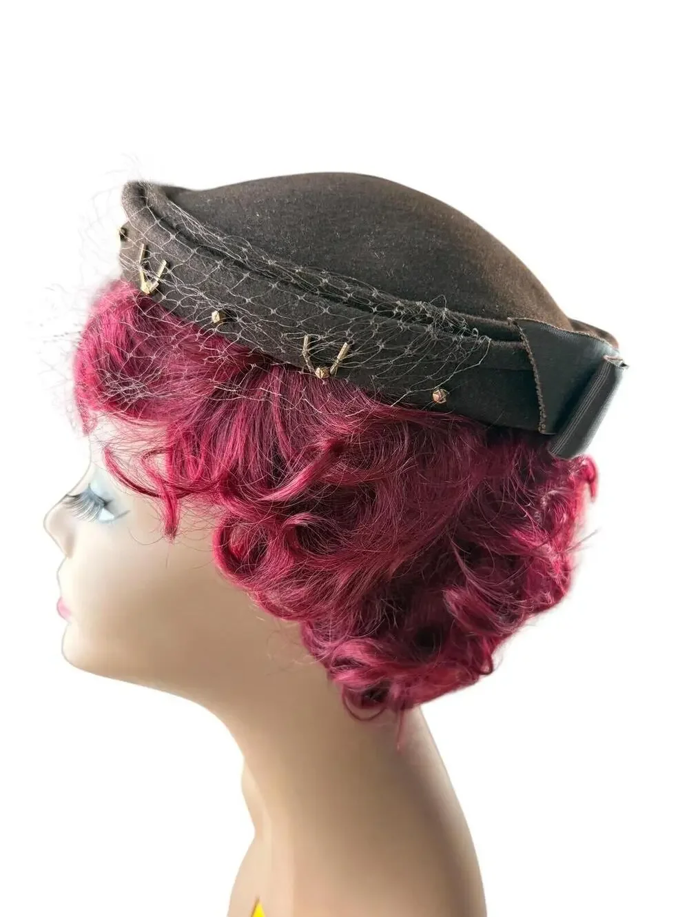 Vintage 1950s Brown Felt Pillbox Hat: Beaded Veil Fascinator